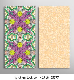 Vertical seamless patterns set, floral geometric lace texture for Wedding, Valentine's day, greeting card or Birthday Invitation. Decorative seamless doodle backgrounds. Ethnic ornament border pattern