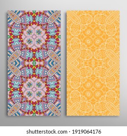 Vertical seamless patterns set, floral geometric lace texture for Wedding, Valentine's day, greeting card or Birthday Invitation. Decorative seamless doodle backgrounds. Ethnic ornament border pattern