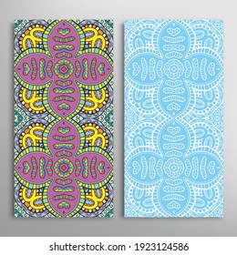 Vertical seamless patterns set, floral geometric lace texture for Wedding, Valentine's day, greeting card or Birthday Invitation. Decorative seamless doodle backgrounds. Ethnic ornament border pattern
