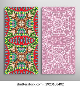 Vertical seamless patterns set, floral geometric lace texture for Wedding, Valentine's day, greeting card or Birthday Invitation. Decorative seamless doodle backgrounds. Ethnic ornament border pattern