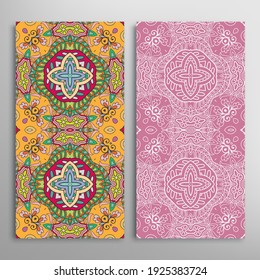 Vertical seamless patterns set, floral geometric lace texture for Wedding, Valentine's day, greeting card or Birthday Invitation. Decorative seamless doodle backgrounds. Ethnic ornament border pattern