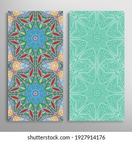 Vertical seamless patterns set, floral geometric lace texture for Wedding, Valentine's day, greeting card or Birthday Invitation. Decorative seamless doodle backgrounds. Ethnic ornament border pattern