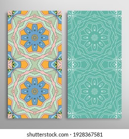 Vertical seamless patterns set, floral geometric lace texture for Wedding, Valentine's day, greeting card or Birthday Invitation. Decorative seamless doodle backgrounds. Ethnic ornament border pattern