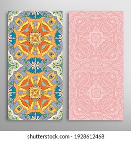Vertical seamless patterns set, floral geometric lace texture for Wedding, Valentine's day, greeting card or Birthday Invitation. Decorative seamless doodle backgrounds. Ethnic ornament border pattern