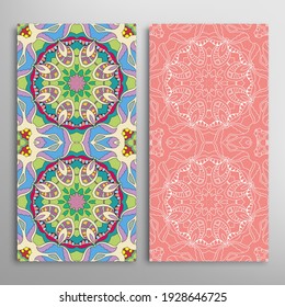 Vertical seamless patterns set, floral geometric lace texture for Wedding, Valentine's day, greeting card or Birthday Invitation. Decorative seamless doodle backgrounds. Ethnic ornament border pattern