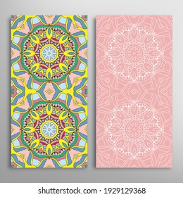 Vertical seamless patterns set, floral geometric lace texture for Wedding, Valentine's day, greeting card or Birthday Invitation. Decorative seamless doodle backgrounds. Ethnic ornament border pattern