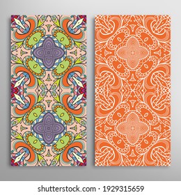 Vertical seamless patterns set, floral geometric lace texture for Wedding, Valentine's day, greeting card or Birthday Invitation. Decorative seamless doodle backgrounds. Ethnic ornament border pattern