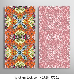 Vertical seamless patterns set, floral geometric lace texture for Wedding, Valentine's day, greeting card or Birthday Invitation. Decorative seamless doodle backgrounds. Ethnic ornament border pattern