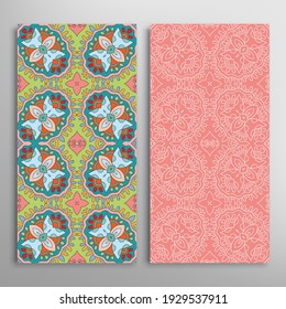 Vertical seamless patterns set, floral geometric lace texture for Wedding, Valentine's day, greeting card or Birthday Invitation. Decorative seamless doodle backgrounds. Ethnic ornament border pattern
