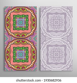 Vertical seamless patterns set, floral geometric lace texture for Wedding, Valentine's day, greeting card or Birthday Invitation. Decorative seamless doodle backgrounds. Ethnic ornament border pattern