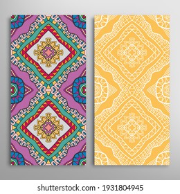 Vertical seamless patterns set, floral geometric lace texture for Wedding, Valentine's day, greeting card or Birthday Invitation. Decorative seamless doodle backgrounds. Ethnic ornament border pattern