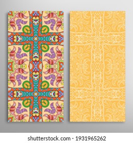 Vertical seamless patterns set, floral geometric lace texture for Wedding, Valentine's day, greeting card or Birthday Invitation. Decorative seamless doodle backgrounds. Ethnic ornament border pattern