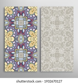 Vertical seamless patterns set, floral geometric lace texture for Wedding, Valentine's day, greeting card or Birthday Invitation. Decorative seamless doodle backgrounds. Ethnic ornament border pattern