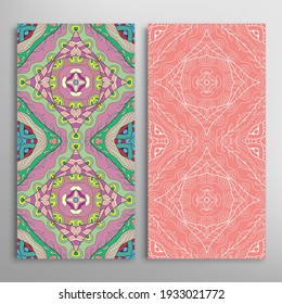 Vertical seamless patterns set, floral geometric lace texture for Wedding, Valentine's day, greeting card or Birthday Invitation. Decorative seamless doodle backgrounds. Ethnic ornament border pattern