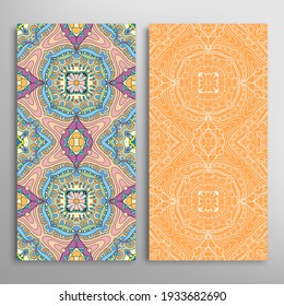 Vertical seamless patterns set, floral geometric lace texture for Wedding, Valentine's day, greeting card or Birthday Invitation. Decorative seamless doodle backgrounds. Ethnic ornament border pattern