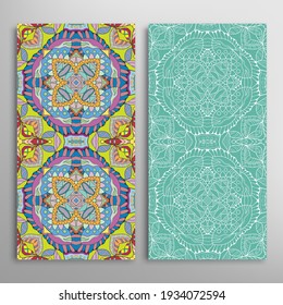 Vertical seamless patterns set, floral geometric lace texture for Wedding, Valentine's day, greeting card or Birthday Invitation. Decorative seamless doodle backgrounds. Ethnic ornament border pattern