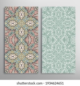 Vertical seamless patterns set, floral geometric lace texture for Wedding, Valentine's day, greeting card or Birthday Invitation. Decorative seamless doodle backgrounds. Ethnic ornament border pattern