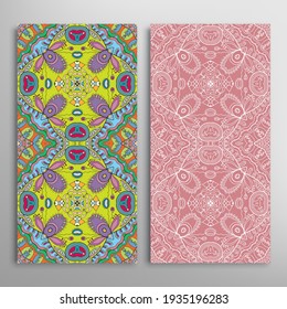 Vertical seamless patterns set, floral geometric lace texture for Wedding, Valentine's day, greeting card or Birthday Invitation. Decorative seamless doodle backgrounds. Ethnic ornament border pattern