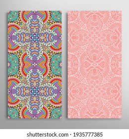 Vertical seamless patterns set, floral geometric lace texture for Wedding, Valentine's day, greeting card or Birthday Invitation. Decorative seamless doodle backgrounds. Ethnic ornament border pattern