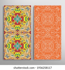Vertical seamless patterns set, floral geometric lace texture for Wedding, Valentine's day, greeting card or Birthday Invitation. Decorative seamless doodle backgrounds. Ethnic ornament border pattern