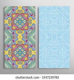 Vertical seamless patterns set, floral geometric lace texture for Wedding, Valentine's day, greeting card or Birthday Invitation. Decorative seamless doodle backgrounds. Ethnic ornament border pattern