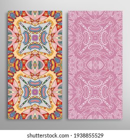 Vertical seamless patterns set, floral geometric lace texture for Wedding, Valentine's day, greeting card or Birthday Invitation. Decorative seamless doodle backgrounds. Ethnic ornament border pattern