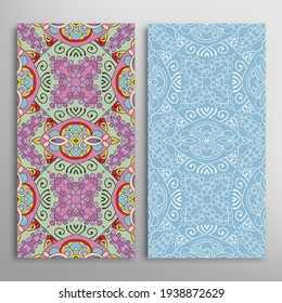 Vertical seamless patterns set, floral geometric lace texture for Wedding, Valentine's day, greeting card or Birthday Invitation. Decorative seamless doodle backgrounds. Ethnic ornament border pattern