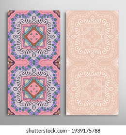 Vertical seamless patterns set, floral geometric lace texture for Wedding, Valentine's day, greeting card or Birthday Invitation. Decorative seamless doodle backgrounds. Ethnic ornament border pattern