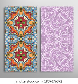 Vertical seamless patterns set, floral geometric lace texture for Wedding, Valentine's day, greeting card or Birthday Invitation. Decorative seamless doodle backgrounds. Ethnic ornament border pattern