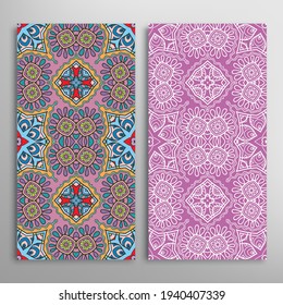 Vertical seamless patterns set, floral geometric lace texture for Wedding, Valentine's day, greeting card or Birthday Invitation. Decorative seamless doodle backgrounds. Ethnic ornament border pattern