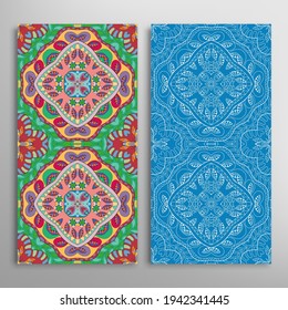 Vertical seamless patterns set, floral geometric lace texture for Wedding, Valentine's day, greeting card or Birthday Invitation. Decorative seamless doodle backgrounds. Ethnic ornament border pattern