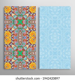 Vertical seamless patterns set, floral geometric lace texture for Wedding, Valentine's day, greeting card or Birthday Invitation. Decorative seamless doodle backgrounds. Ethnic ornament border pattern