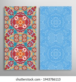 Vertical seamless patterns set, floral geometric lace texture for Wedding, Valentine's day, greeting card or Birthday Invitation. Decorative seamless doodle backgrounds. Ethnic ornament border pattern