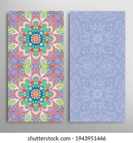 Vertical seamless patterns set, floral geometric lace texture for Wedding, Valentine's day, greeting card or Birthday Invitation. Decorative seamless doodle backgrounds. Ethnic ornament border pattern