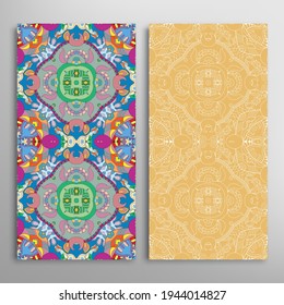 Vertical seamless patterns set, floral geometric lace texture for Wedding, Valentine's day, greeting card or Birthday Invitation. Decorative seamless doodle backgrounds. Ethnic ornament border pattern