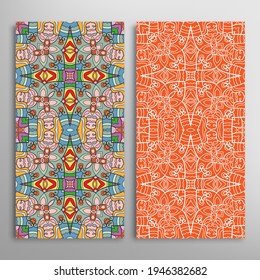 Vertical seamless patterns set, floral geometric lace texture for Wedding, Valentine's day, greeting card or Birthday Invitation. Decorative seamless doodle backgrounds. Ethnic ornament border pattern