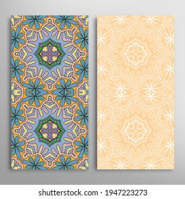 Vertical seamless patterns set, floral geometric lace texture for Wedding, Valentine's day, greeting card or Birthday Invitation. Decorative seamless doodle backgrounds. Ethnic ornament border pattern