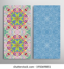 Vertical seamless patterns set, floral geometric lace texture for Wedding, Valentine's day, greeting card or Birthday Invitation. Decorative seamless doodle backgrounds. Ethnic ornament border pattern