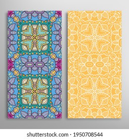 Vertical seamless patterns set, floral geometric lace texture for Wedding, Valentine's day, greeting card or Birthday Invitation. Decorative seamless doodle backgrounds. Ethnic ornament border pattern