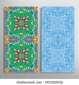 Vertical seamless patterns set, floral geometric lace texture for Wedding, Valentine's day, greeting card or Birthday Invitation. Decorative seamless doodle backgrounds. Ethnic ornament border pattern