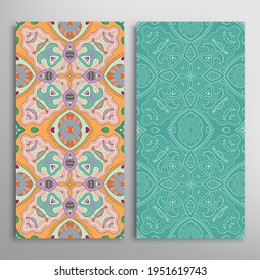 Vertical seamless patterns set, floral geometric lace texture for Wedding, Valentine's day, greeting card or Birthday Invitation. Decorative seamless doodle backgrounds. Ethnic ornament border pattern