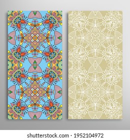 Vertical seamless patterns set, floral geometric lace texture for Wedding, Valentine's day, greeting card or Birthday Invitation. Decorative seamless doodle backgrounds. Ethnic ornament border pattern