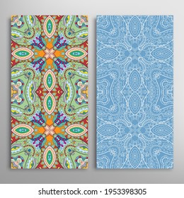 Vertical seamless patterns set, floral geometric lace texture for Wedding, Valentine's day, greeting card or Birthday Invitation. Decorative seamless doodle backgrounds. Ethnic ornament border pattern
