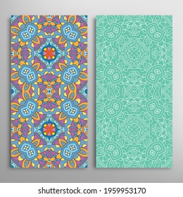 Vertical seamless patterns set, floral geometric lace texture for Wedding, Valentine's day, greeting card or Birthday Invitation. Decorative seamless doodle backgrounds. Ethnic ornament border pattern