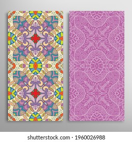 Vertical seamless patterns set, floral geometric lace texture for Wedding, Valentine's day, greeting card or Birthday Invitation. Decorative seamless doodle backgrounds. Ethnic ornament border pattern