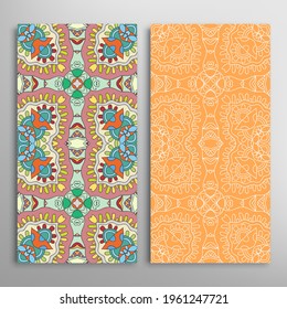 Vertical seamless patterns set, floral geometric lace texture for Wedding, Valentine's day, greeting card or Birthday Invitation. Decorative seamless doodle backgrounds. Ethnic ornament border pattern
