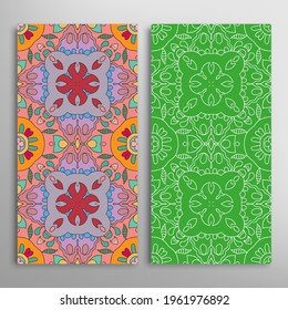 Vertical seamless patterns set, floral geometric lace texture for Wedding, Valentine's day, greeting card or Birthday Invitation. Decorative seamless doodle backgrounds. Ethnic ornament border pattern