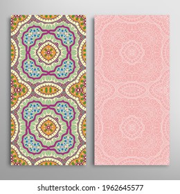 Vertical seamless patterns set, floral geometric lace texture for Wedding, Valentine's day, greeting card or Birthday Invitation. Decorative seamless doodle backgrounds. Ethnic ornament border pattern