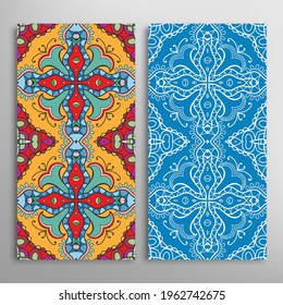Vertical seamless patterns set, floral geometric lace texture for Wedding, Valentine's day, greeting card or Birthday Invitation. Decorative seamless doodle backgrounds. Ethnic ornament border pattern