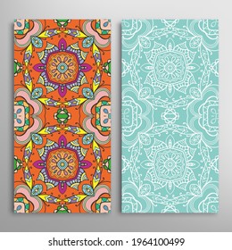 Vertical seamless patterns set, floral geometric lace texture for Wedding, Valentine's day, greeting card or Birthday Invitation. Decorative seamless doodle backgrounds. Ethnic ornament border pattern